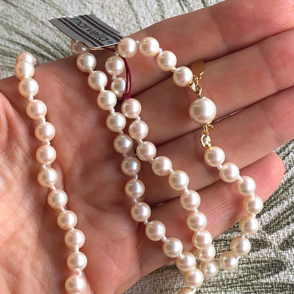 New! Vintage Marvella Single Strand Pearl Necklace 50s Hand Knotted Glass Beads
